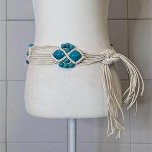Vintage y2k macrame knotted cord turquoise medallion fringe tie belt